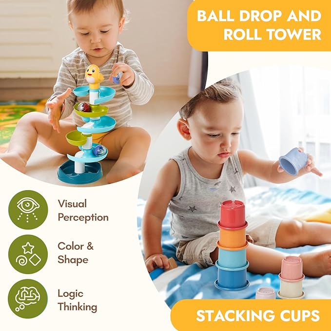 Giant bean 8-in-1 Wooden Montessori Toys Set Learning Toys for Baby 12-18 Month with Object Permanence Box, Senser Ball Roll Tower, Hammer, Fishing Carrot, Shape Sorting Stacking Cup for Kids 1+