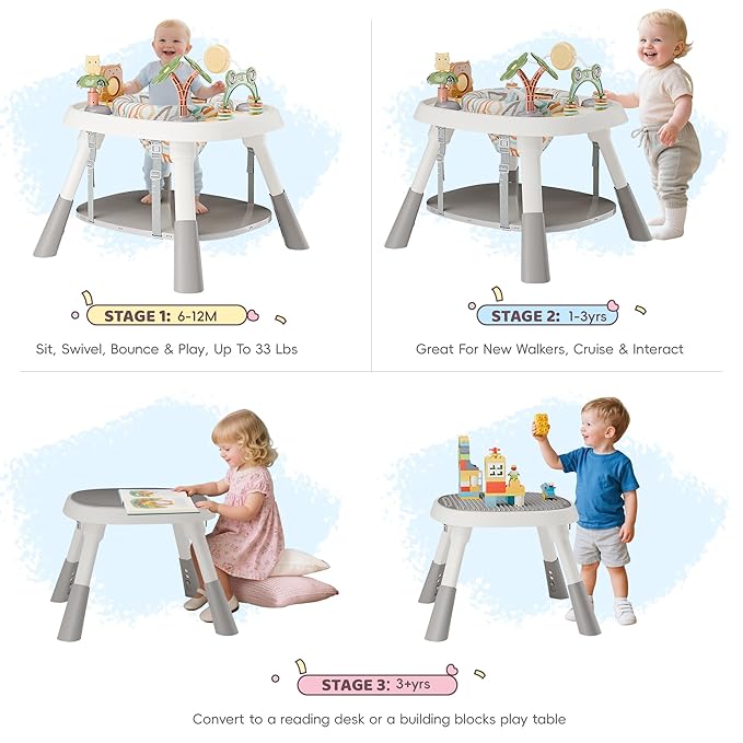 Baby Activity Center, Baby Jumpers and Bouncers with 5 Toys, Lights & Music, Adjustable Heights, 3-Stage Activity Center & Play Table, 360° Rotary Interactive Play Center for Baby Ages 6m+ (White)