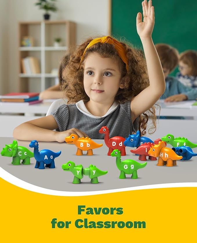 26PCS Dinosaur Alphabet Learning Toys for 18M+, Montessori Educational Toys for 3 4 5 Year Old, Toddlers Preschool Activities Fine Motor Toys for Boys, Double Sided ABC Matching Game
