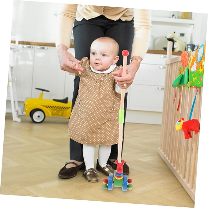 Yardwe Toddler Push Walker Wooden Trolley with Cartoon Animal Design Rolling Wheels for Indoor Outdoor Play Baby Push Pull Toy for Motor Skill Development