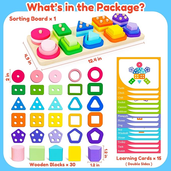 Montessori Toys for 1 2 3 Year Old Boys Girls Birthday Gifts Color Shape Sorters Wooden Stacking Toys for Toddlers 1-3 Puzzles Blocks for Toddlers 2-4 Preschool Learning Educational Sensory Travel Toy