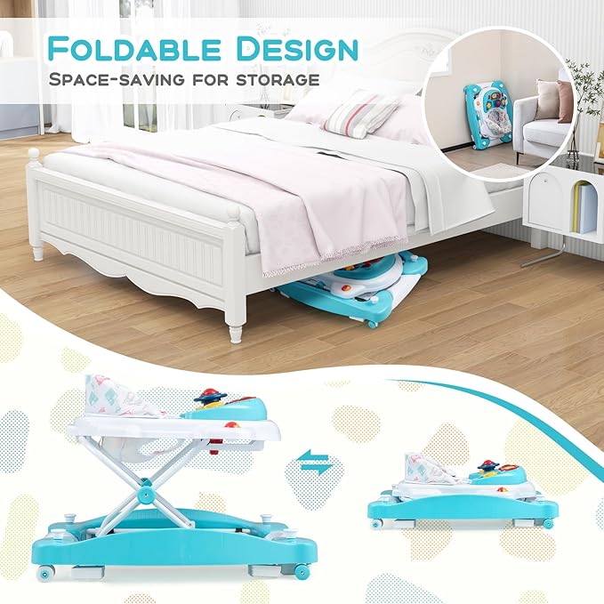 BABY JOY 6-in-1 Baby Walker, Foldable Baby Walker with Wheels, Adjustable Height, Music, Lights, Bouncer & Rocker Mode, Baby Walkers for Boys Girls 6-14 Months (Green)