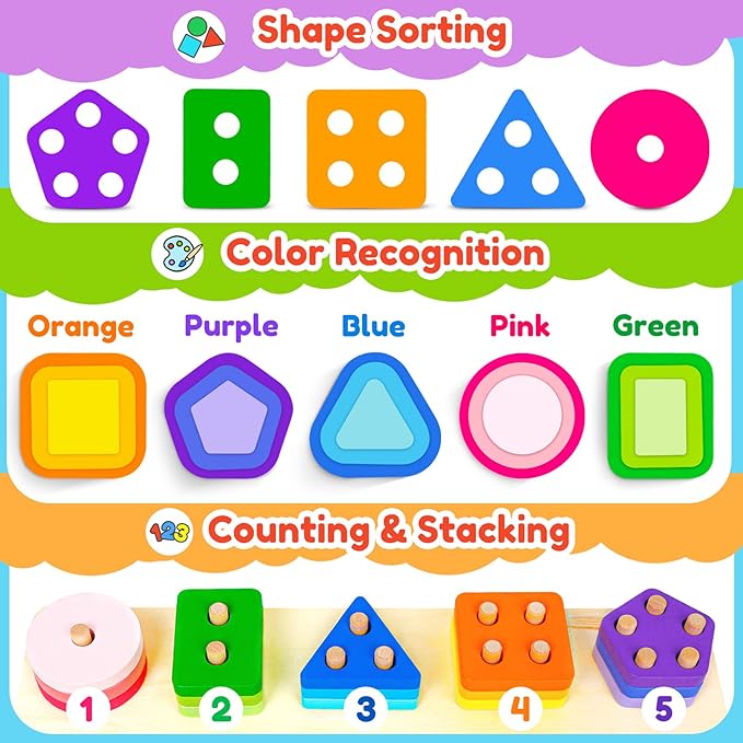Montessori Toys for 1 2 3 Year Old Boys Girls Birthday Gifts Color Shape Sorters Wooden Stacking Toys for Toddlers 1-3 Puzzles Blocks for Toddlers 2-4 Preschool Learning Educational Sensory Travel Toy