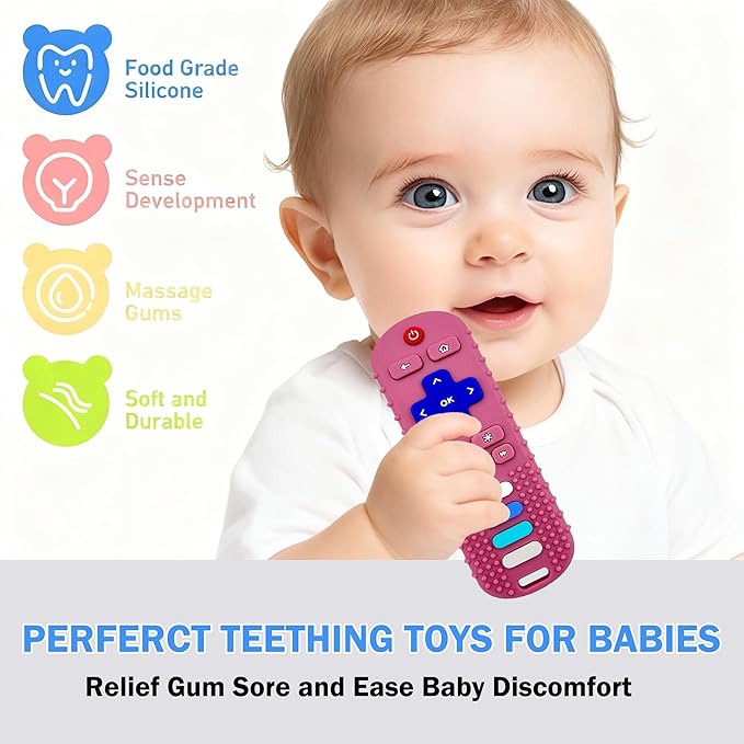 2-Pack Baby Teething Toys-TV Remote Control Shape Silicone Infants Teething Toys for Babies 0-18 Months,BPA-Free (Black+Pink)