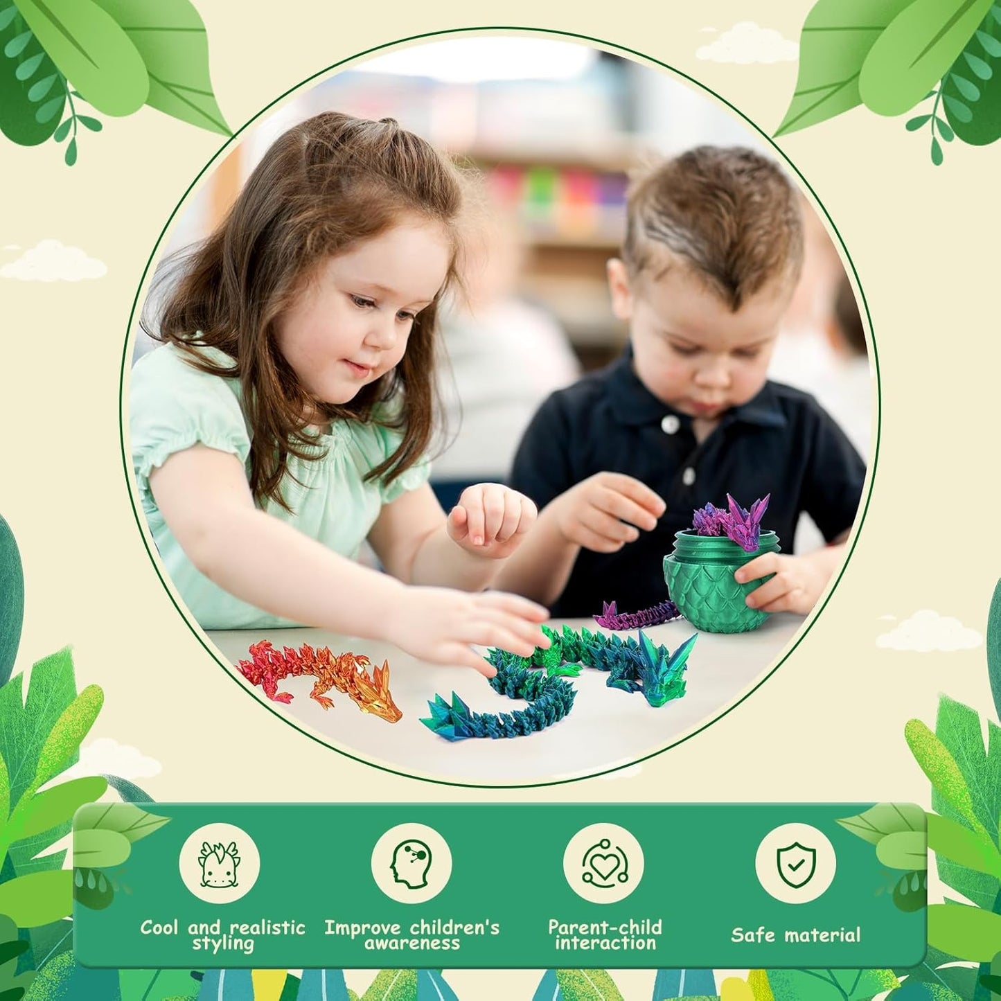 3D Printed Dragon in Eggs 12 in Articulated Dragon Crystal Dragon Fidget Toy with Dragon Eggs Flexible Executive Desk Toys Home Office Decor (Random-Color)