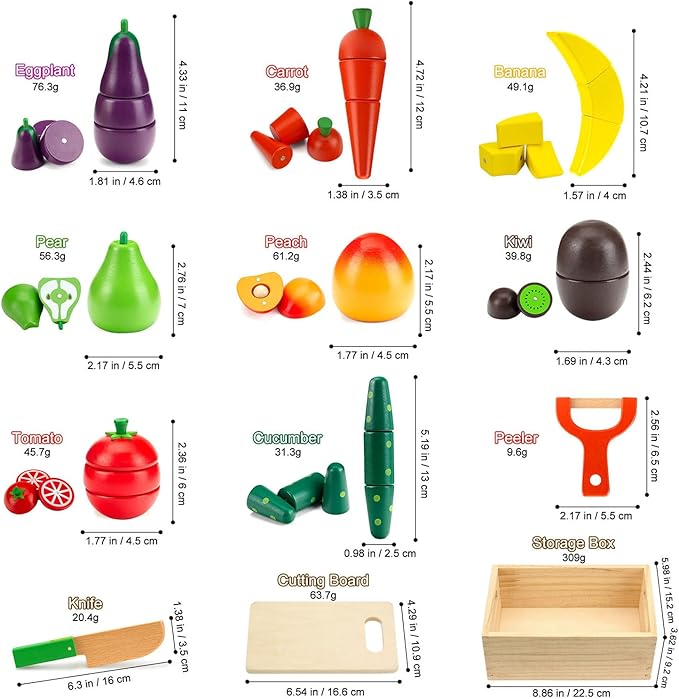 Wooden Play Food Sets for Kids Kitchen - Cutting Fruits and Veggies Toddler Toys Pretend Food Play Kitchen Accessories Montessori Educational Toys Gifts for Kids Boys Girls 3+