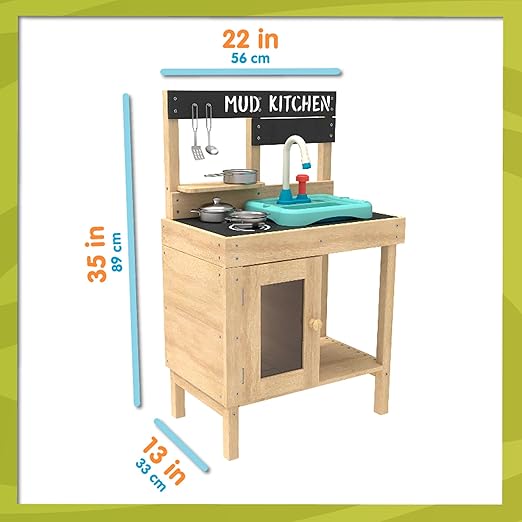 TP Toys Mud Play Kitchen For Kids - Indoor, Outdoor Toddler Toys Wooden Kitchen Playset w/ Accessories, Sink with Faucet, Durable, Weatherproof, Chalkboard, Wood Burner Stencils, Easy Assembly, Age 3+