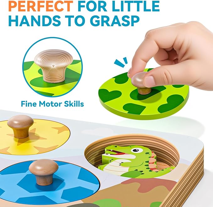 Wooden Puzzles for Toddlers 1-3, Montessori Toys for 1 2 Year Old Boy Christmas Birthday Gifts, Dinosaur Matching Eggs Peg Puzzles for Toddlers Age 2-4, Preschool Learning Activities for Girls