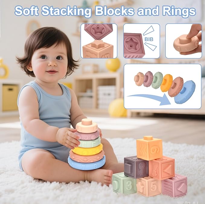 Baby Toys 6-12 Months,Baby Montessori Toys for 1 Year old,6-in-1 Sensory Toys for Babies 6-12 Month,Stacking Cups Building Blocks,Teething Pull String,Tissue Box Toys for 6-9-12-18 Months Baby Gifts