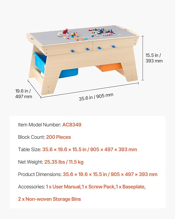VEVOR Kids Reversible Wooden Activity Table, Multi-Purpose Activity Play Table with 200 Building Bricks & 3 Storage Bins for Kids 3+ Years, Large Storage Space, Present for Boys & Girls, Natural