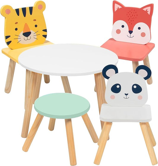 Kids Wooden Animal Table & Chair Set w 4 Seats- Tiger Panda Fox & Adult Stool for Xmas Arts Crafts, Dining, Pretend Play- Durable Playroom Furniture for Home Daycare Classroom- Toddler Activity Center