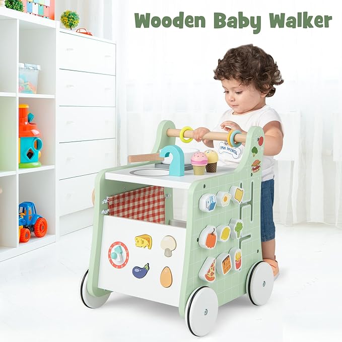 HOMGX Baby Push Walker with Wheels, 6-in-1 Wooden Montessori Toys, Toddler Learning Walker Activity Center, Pretend Kitchen Playset with Shape Sorter, Tool Toy for Kids Boys Girls Ages 12M+