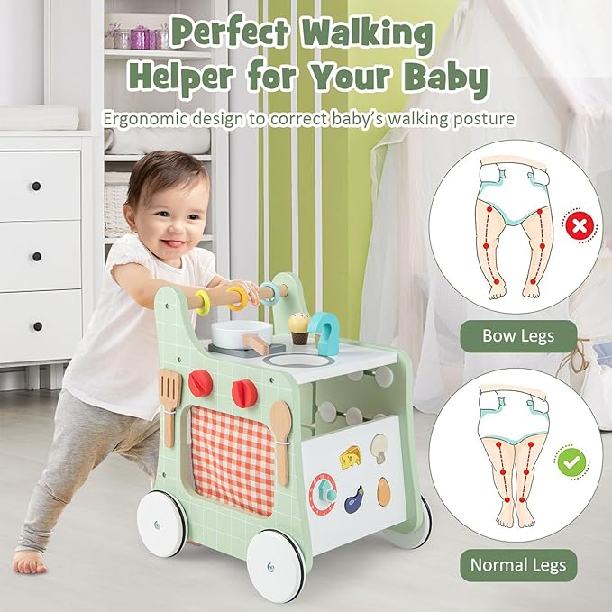 BABY JOY 6 in 1 Wooden Baby Walker, Toddler Pretend Play Kitchen Playset, Push and Pull Sit-to-Stand Learning Walker Activity Center, Montessori Educational Toy, Push Walker for Boys Girls