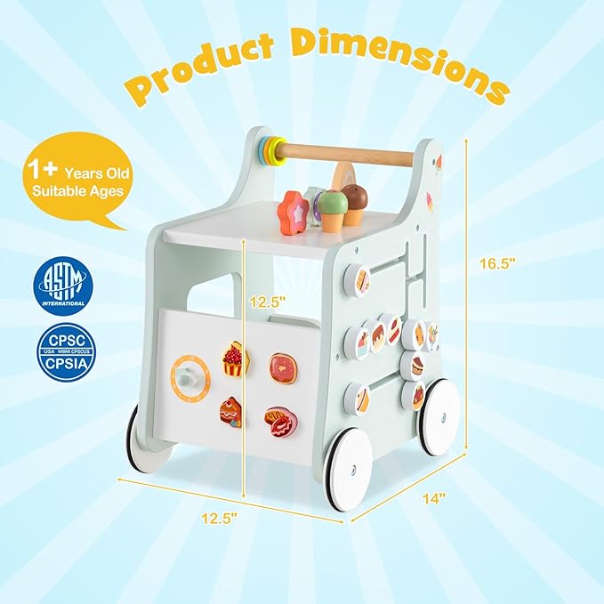 HONEY JOY Baby Push Walker, 8-in-1 Wooden Kids Ice Cream Cart & Activity Walker, Develop Motor Skills & Creativity, Dessert Shop Push Toys for Babies Learning to Walk, Gift for Boys and Girls (Green)