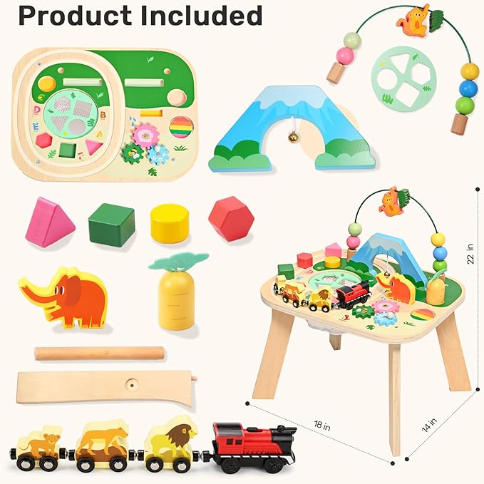 wingyz Activity Table for 1 Year Old Toddler, 9-in-1 Multi-Colorful Wooden Montessori Toys, Baby Play Table with Bead Maze Shape Sorter Train Toy, Educational Gifts for Kids Boys Girls