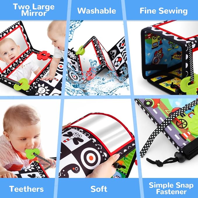 Tummy Time Mirror, Double-Sided Baby Mirror Black and White High Contrast Baby Toys for Babies Newborn Infant, Crawling Toys Boys Girls Sensory Toys Activity mat
