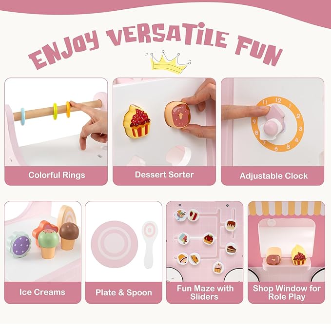 BABY JOY 2-in-1 Wooden Baby Walker, Montessori Activity Center w/Storage, Wheels, Kids Dessert Shop Walking Toy w/Ice Cream, Slider, Maze, Plate, Push Walker for Boys and Girls 1+ Years Old (Pink)