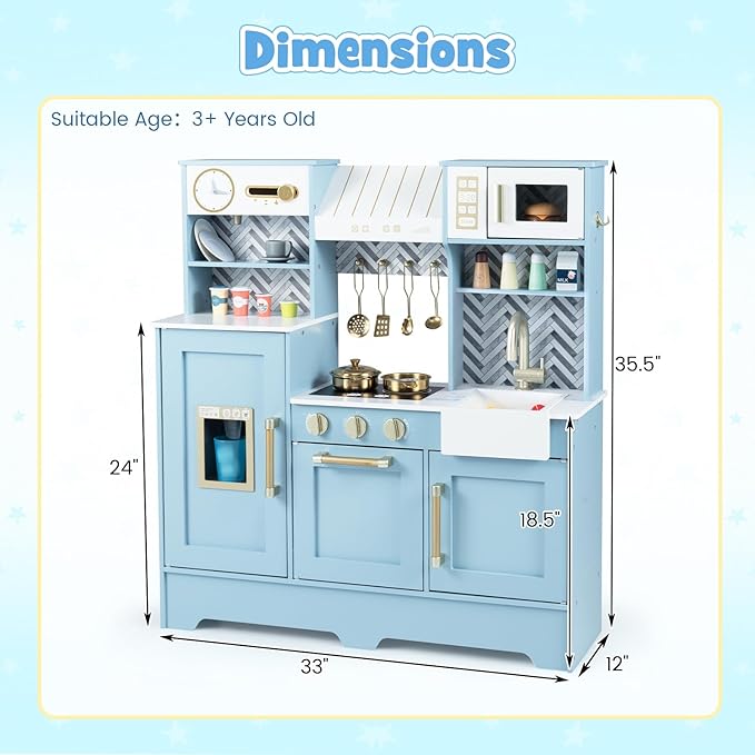 HONEY JOY Play Kitchen, Wooden Toy Kitchen Set with Coffee Maker, Microwave, Range Hood, Ice Maker, Stove, Dish Rack, Cookware, Pretend Play Kids Kitchen Playset for Toddler Boys Girls (Blue)