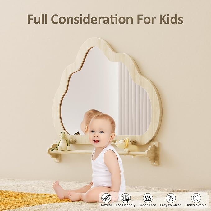 Montessori Mirror with Bar, Baby Pull to Stand Toys, Easy Assembly Natural Frame, Adjustable Infant Mirror, Montessori Furniture for Toddler 6-18 Months-Natural