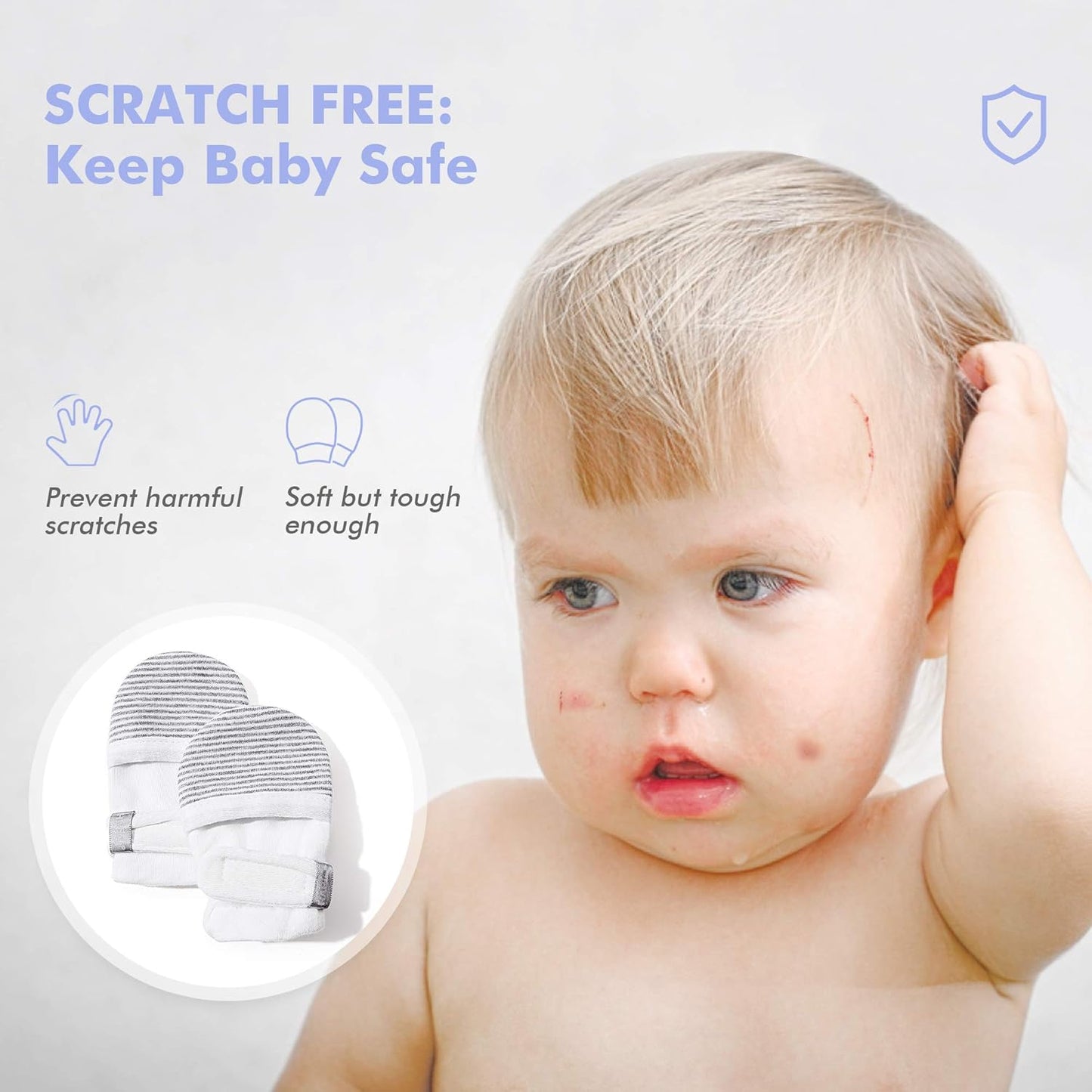 HAPIU Baby No Scratch Mittens Stay On, 100% Cotton Breathable, Adjustable Infant Gloves for Boys Girls, Newborn - 12 M