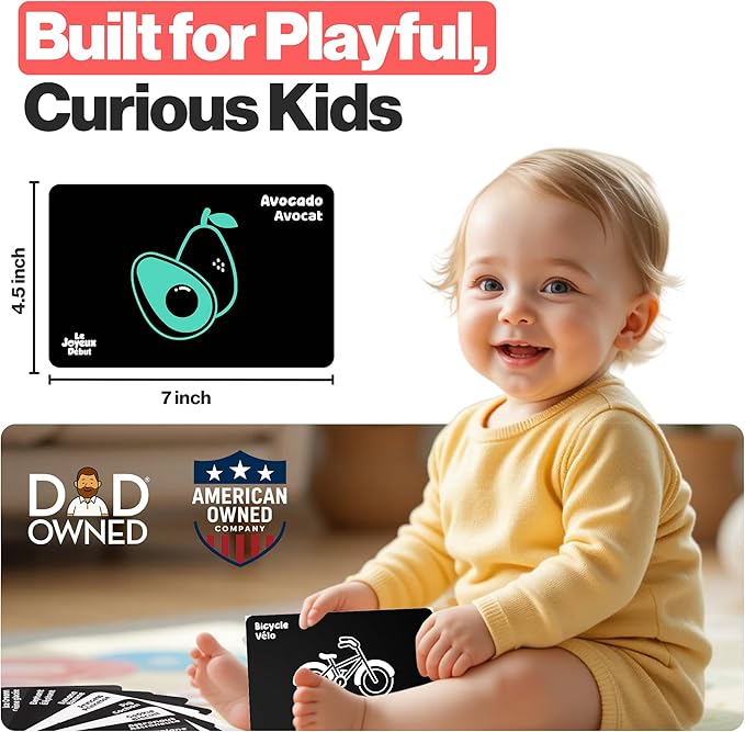 Happy Start High Contrast Baby Cards for Newborns - Black & White Cards, Water-Resistant, BPA-Free, Portable Educational Flashcards for Visual Stimulation, Award-Winning, Ages 0+(English & French)