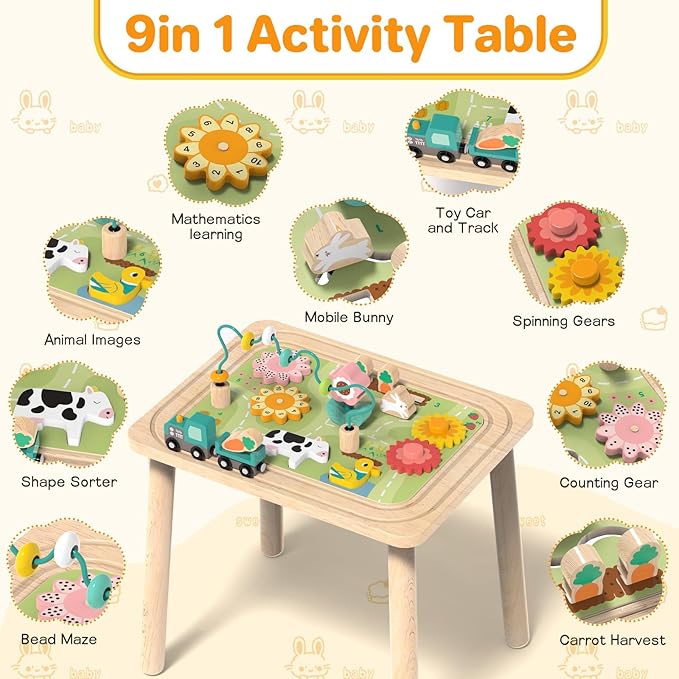 3-in-1 Baby Activity Table for 6-36 Months Old Kids Wooden Activity Center Sensory Play Table for Toddlers with Bead Maze Shape Sorter Montessori Toys Sand Table Must Have Birthday Gift for Girls Boys
