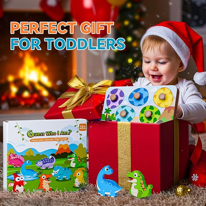 Wooden Puzzles for Toddlers 1-3, Montessori Toys for 1 2 Year Old Boy Christmas Birthday Gifts, Dinosaur Matching Eggs Peg Puzzles for Toddlers Age 2-4, Preschool Learning Activities for Girls