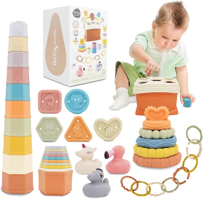 Shape Sorter Baby Toys 5 in 1 Montessori Toy, Shapes for Sorting Play for Infants Ages 6-48 Months, Stack & Count Cups, Rings Toy Links, Sensory Learning Toy Set Babies Birthday Gift