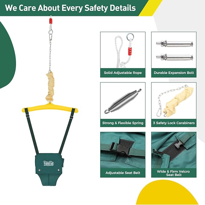 FUNLIO Baby Jumper with a Ceiling Hook for 6-24 Months, Baby Door Jumper for Indoor/Outdoor Play, Infant Jumper Doorway with Adjustable Chain, Easy to Assemble & Store (with a Ceiling Hook) - Green