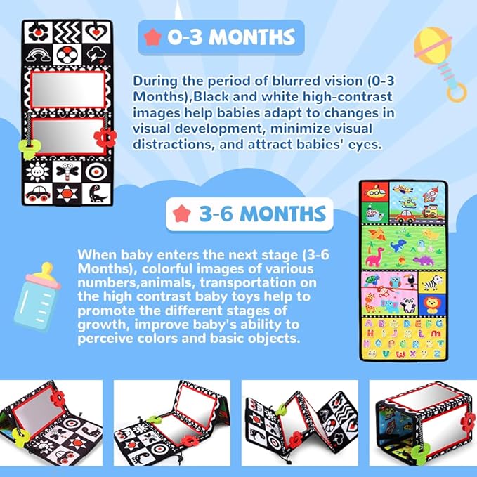 Tummy Time Mirror, Double-Sided Baby Mirror Black and White High Contrast Baby Toys for Babies Newborn Infant, Crawling Toys Boys Girls Sensory Toys Activity mat