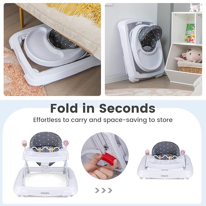 BABY JOY Baby Walker, Foldable Activity Walker with Adjustable Height, Large Tray & Removable Toys, Baby Walker with Wheels for Boys Girls 6-18 Months (Gray, Star Pattern)