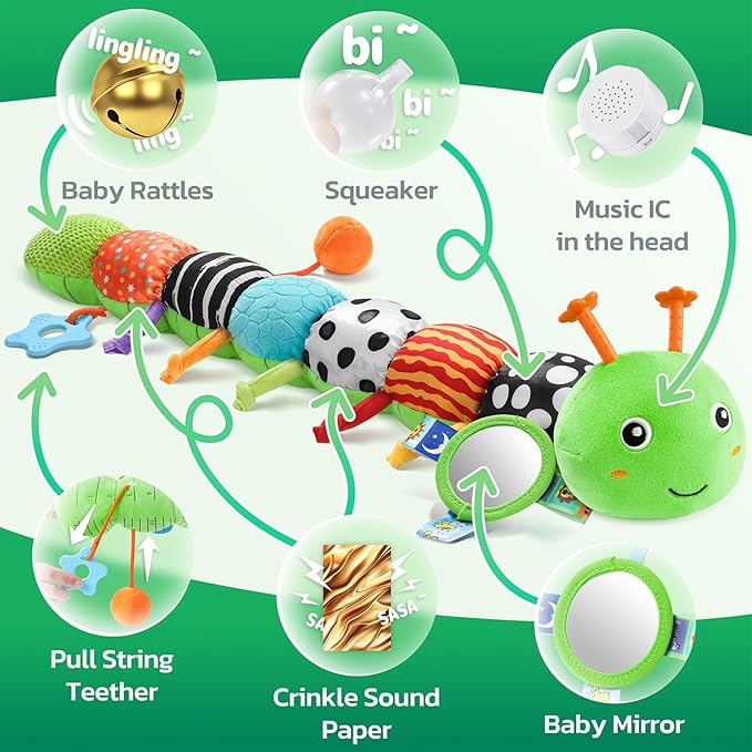 HEMRLY Baby Sensory Toy 0-6 Months, Musical Stuffed Caterpillar Plush with Teether, Crinkle, Rattle, Baby Mirror for Tummy Time, Infant Car Seat Toy for 0-3-6-12 Month Boys Girls Gifts - Knotted Green