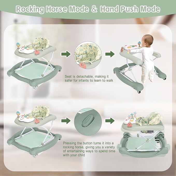 5 in 1 Foldable Baby Walker,Activity Baby Walker-Baby Bouncer,Rocker,Activity Center,Seat and Push Walker,Detachable Footrest Mat,Adjustable Speed Rear Wheels and Height,Ages 6-18 Months (Light Green)