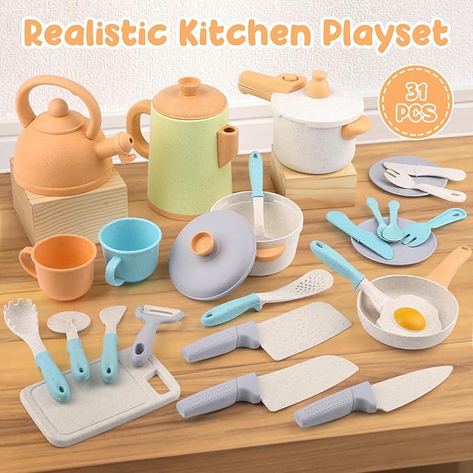 Dreamon Kids Play Kitchen Accessories, Pretend Play Cooking Toys Set, Cookware Pots and Pans Utensils Playset for Toddlers, Kids Kitchen Cooking Play Set Gifts for Boys Girls 3 4 5 6 Years Old