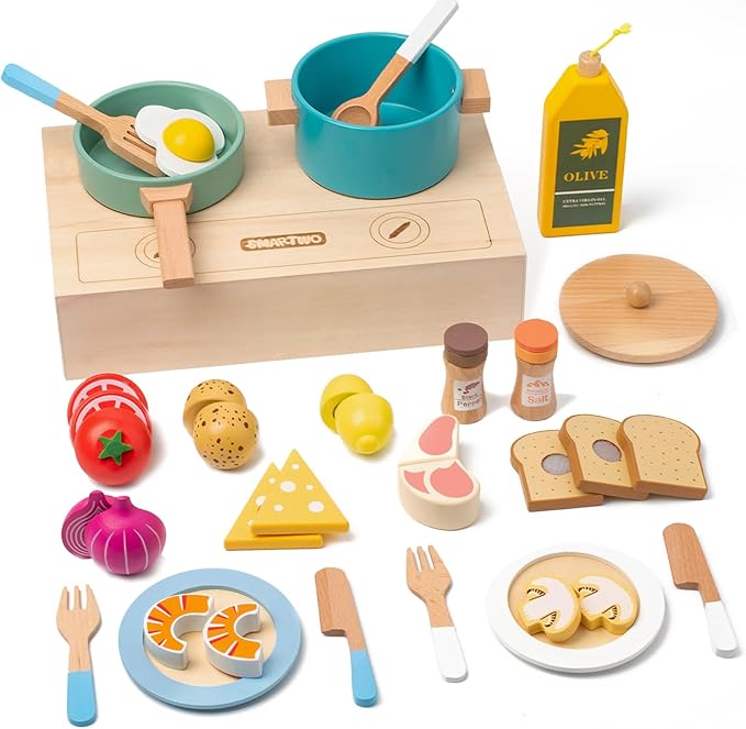 Wooden Play Cooking Set,27pcs Pretend Play Food Toys Set for Kids Toddlers, Wooden Kitchen Accessories Toys Set ,Cooking Toys with Play Dishes,Pot and Pan,Utensils,Gifts for 3 4 5 Years Old Girls Boys
