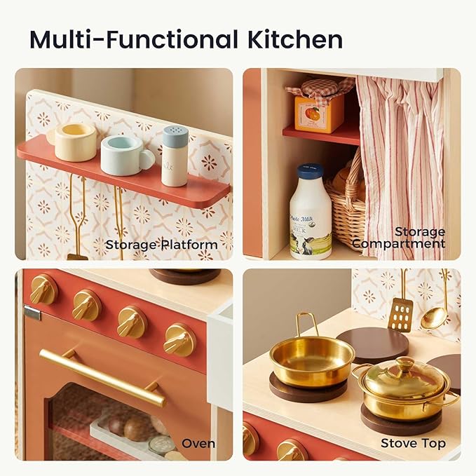 Tiny Land Play Kitchen, Kids Kitchen Playset, Toddler Kitchen with Cutting Food Set, Wooden Kitchen Sets for Kids, Gift for Girls and Boys