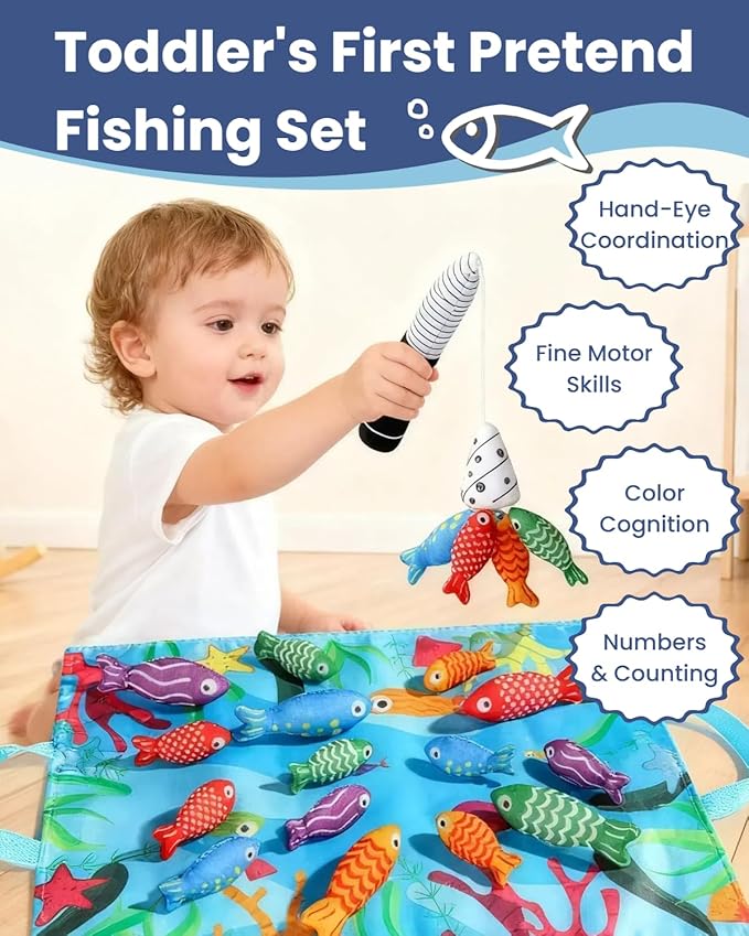 Montessori Toys for 1 Year Old, Cloth Fishing Game for Toddlers 1-3 with Stacking Cups, Baby Boy Girl First Birthday Gift, Color Sorting | Number Counting | Shape Learning