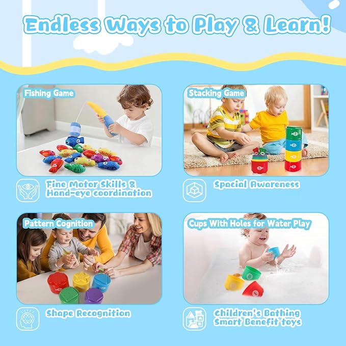 Toddler Montessori Toys for 1 2 Year Old Birthday Gifts for Boys Girls, Toddler Xmas Gift Fishing Game Toys 1-3 with Stacking Cups, Counting & Color Learning, 1st Present for One Year Old