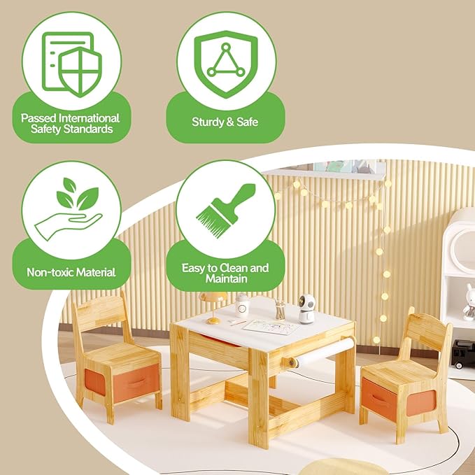 Pinewood Kids Table and Chair Set, 3 in 1 Toddlers Wooden Art Activity Table Desk with Chairs and Storage, Children Removable Tabletop, Blackboard, Natural