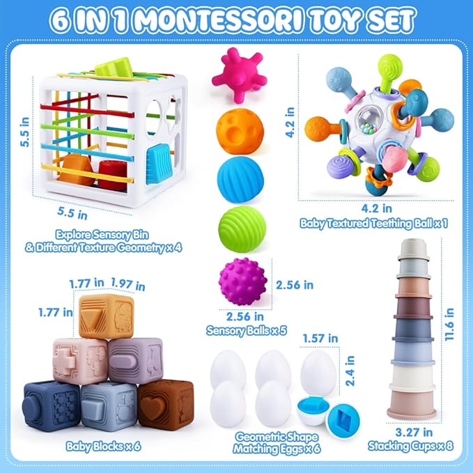 6 in 1 Baby Toys 6 to 12 Months, Montessori Toy for 1 Year Old, Infant Teething Toy Stacking Blocks Cups,Sorting Sensory Bin, Matching Egg Sensory Ball Educational Learning Gift for Toddlers Aged 1-3