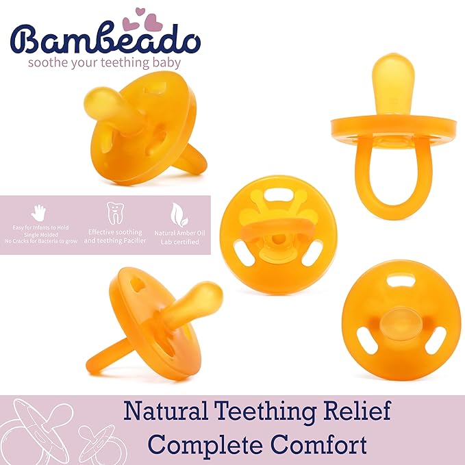 PaciBamber - Natural Pacifier and Baby Teething Toy Amber Oil Pacifier, Special Baltic Amber with Natural Rubber BPA-Free and Soft for Sore Gums, Baby Pacifiers 6-12 Months (PaciBamber-2unit)