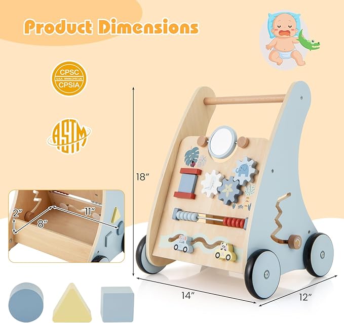 HONEY JOY Baby Push Walker, Wooden Infant Walker Activity Center with Shape Sorter, Develop Motor Skills & Creativity, Push Toys for Babies Learning to Walk, Gift for Boys and Girls, Blue