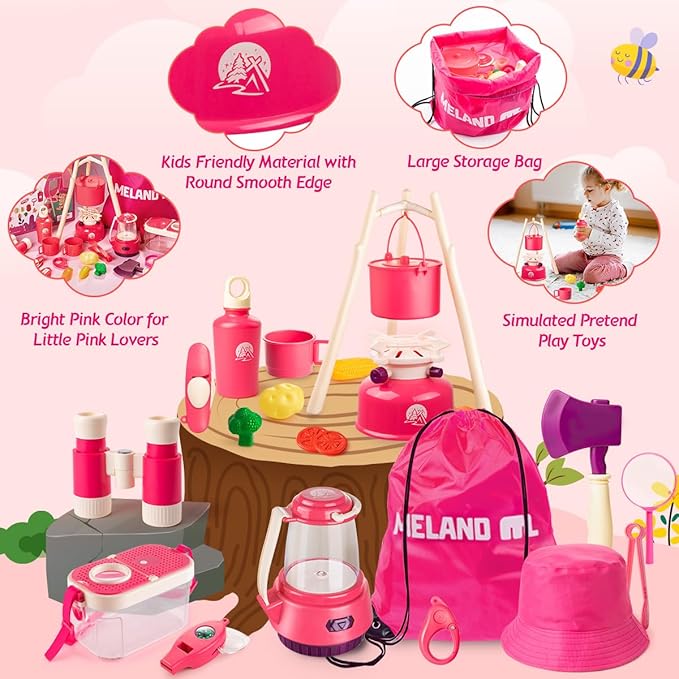 Meland Kids Camping Set for Girls - Camping Tent Toys for Girls Indoor Outdoor Pretend Play, Christmas Birthday Gift Idea for Toddler Girl Age 3,4,5,6 Year Old