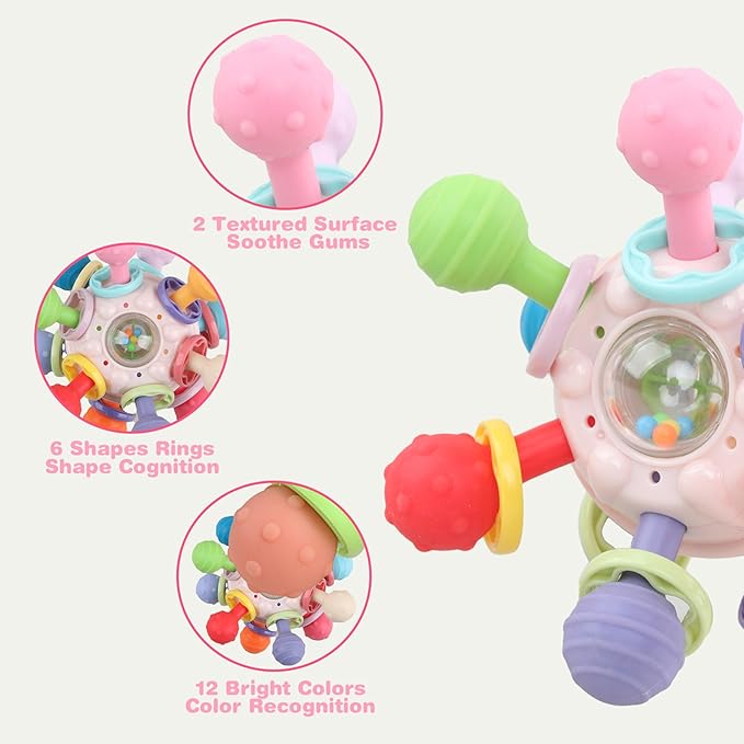 Baby Sensory Teething Toys - Baby Teether & Rattle - Gifts for Infant Newborn Boys Girls 0 3 6 9 12 18 Months - Toddler Montessori Educational Learning Toys (Pink)