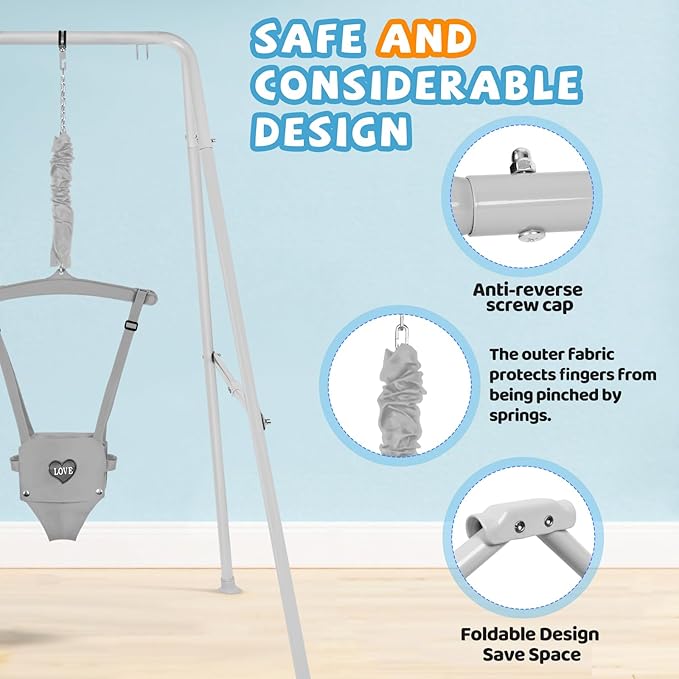 Baby Jumper with Stand, Infant Jumper for Indoor/Outdoor Play, Jumper for Baby 6-24 Months, Baby Jumpers and Bouncers with Adjustable Chain, Easy to Assemble & Store (Grey)