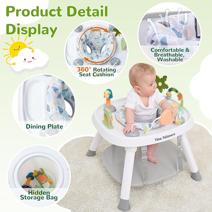 Time Followers® 6-in-1 Baby Activity Center | Jumpers and Bouncers | 4 Stage Grow Stationary Standing Toddler Play Table | Shower Gift | Infant Essential for Baby Ages 6-36Month (Beige)