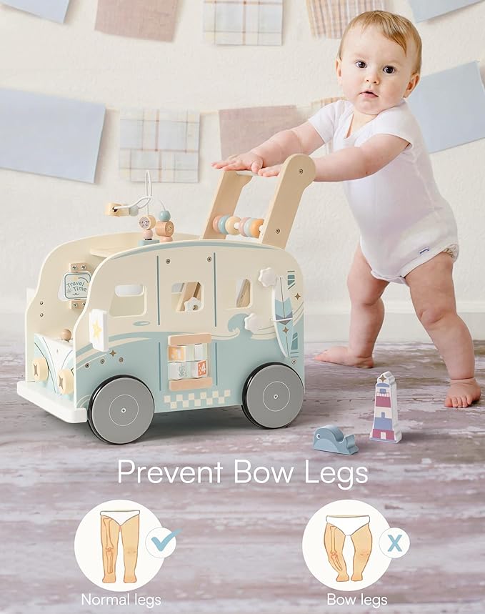 ROBOTIME Wooden Baby Walker, Baby Push Walker, Baby Activity Center Toys, Ajustable Speed Multi-Functional Baby Walker with Wheels for Boys and Girls(Vacation Bus)