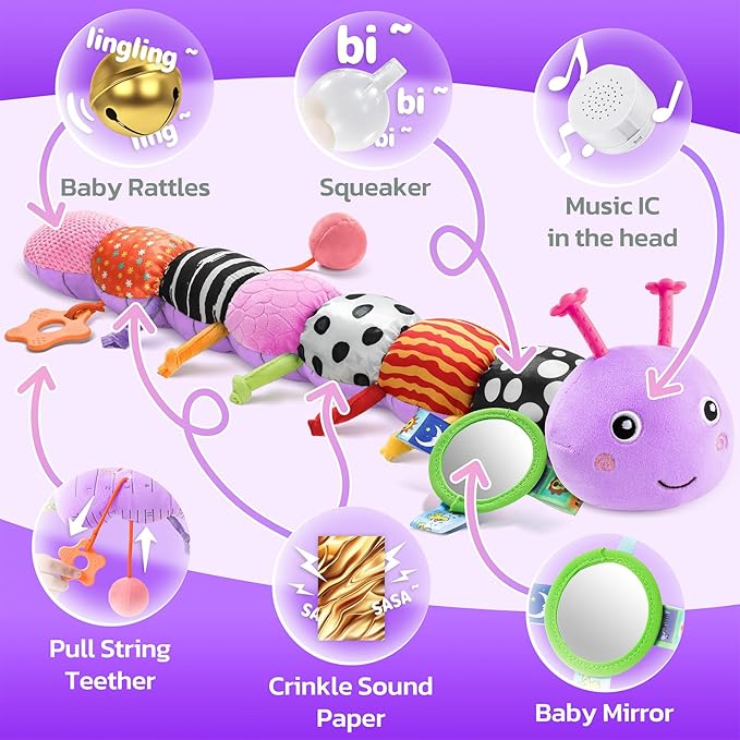 HEMRLY Baby Sensory Toy 0-6 Months, Musical Stuffed Caterpillar Plush with Teether, Crinkle, Rattle, Baby Mirror for Tummy Time,Infant Car Seat Toy for 0-3-6-12 Month Boys Girls Gifts- Knotted Purple