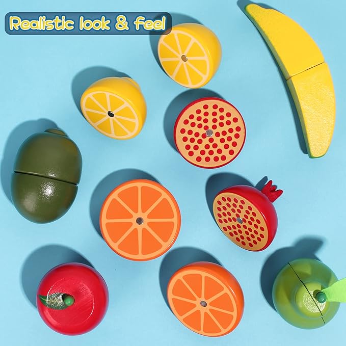Wooden Toys for 2 Year Old - Pretend Play Food Set for Kids Play Kitchen,9 Cuttable Toy Fruit and Veg with Wooden Knif and Tray,Gift Idea for Boys Girls Birthday
