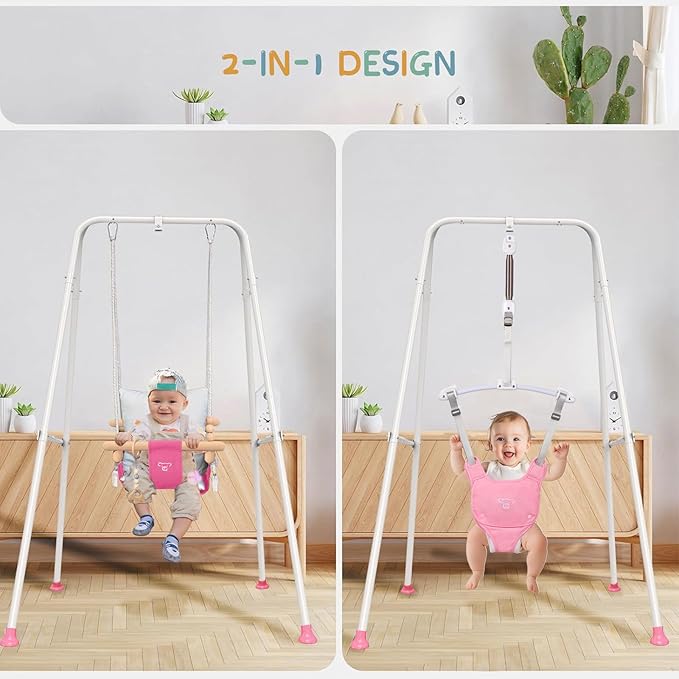 2 in 1 Baby Jumper with Toddler Swing, Baby Jumpers and Bouncers,Indoor Outdoor Toddler Swing Set（Pink）